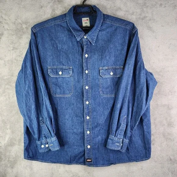 Mens Dickies Blue Denim Jean Jacket Button Down 100% Cotton Long Sleeve Size 3XL - Picture 2 of 11